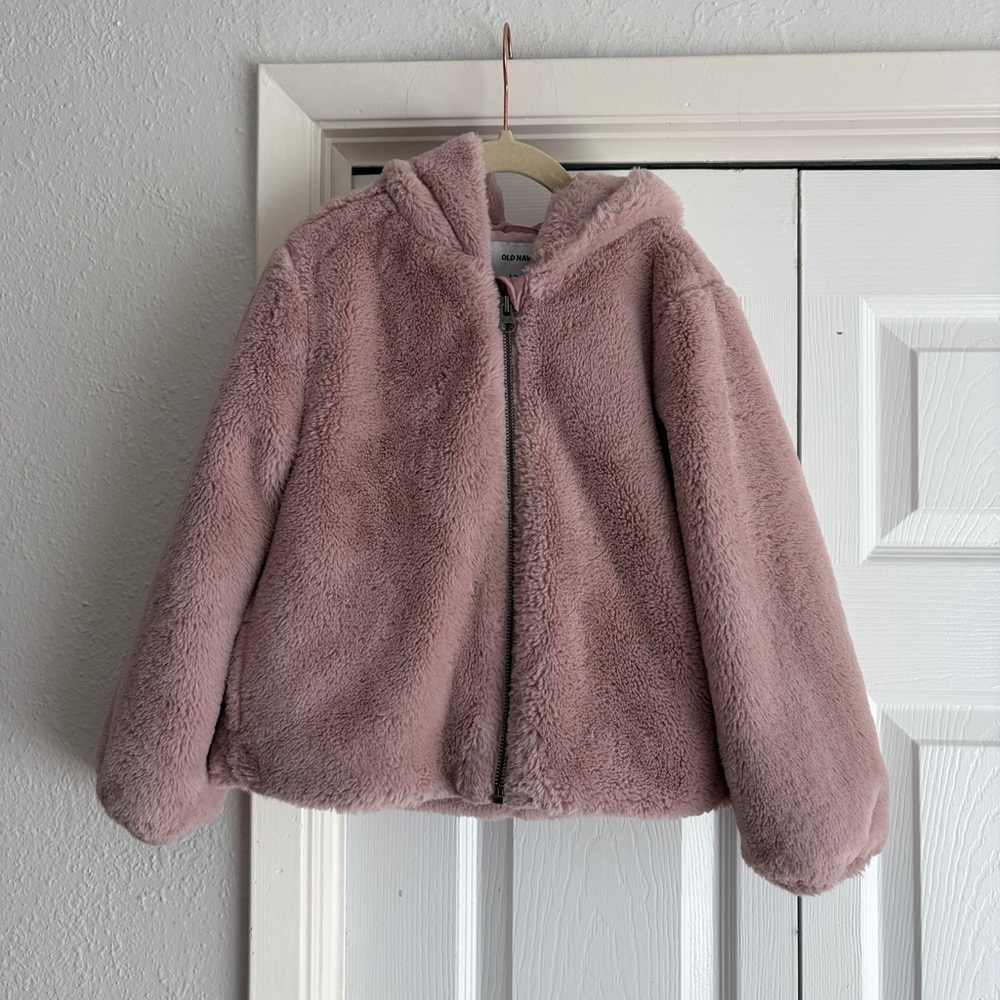 Old Navy Girls' 6-7Y Plush Faux Fur Hooded Jacket - Dusty Rose